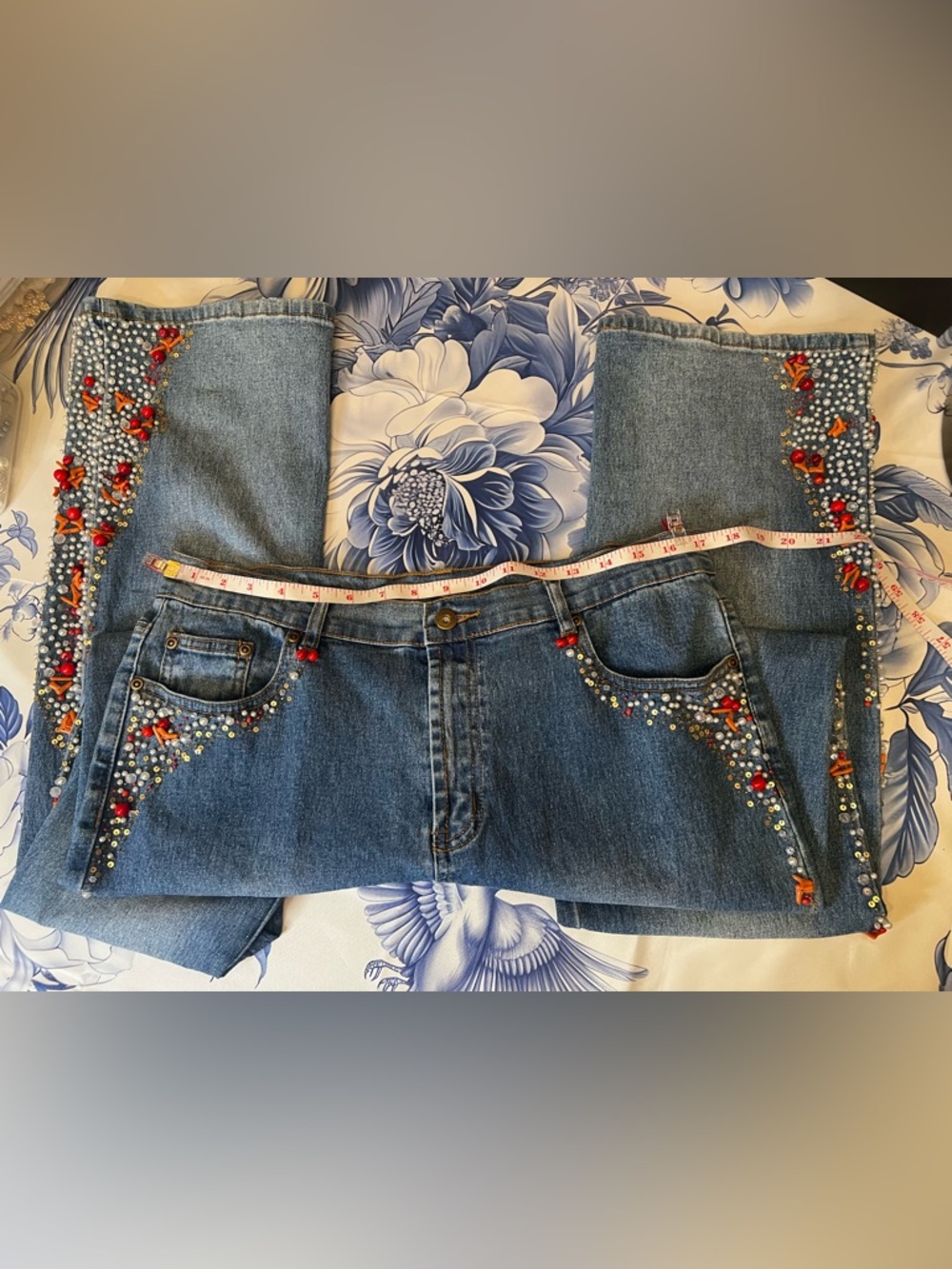 DG2 Diane Gilman Blue Wide-Leg Jeans with Red Floral Pearls & Crystals - Picture 14 of 16